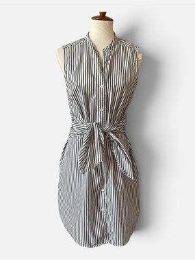 Frame Denim Black & White Striped Tie-Waist Sleeveless Dress